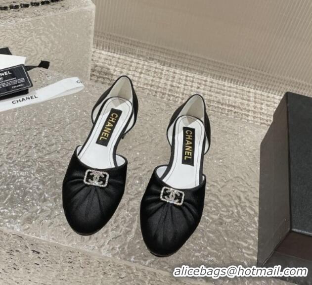 Good Quality Chanel Satin Silk Flat Open Ballerinas with Crystal CC Black 703064