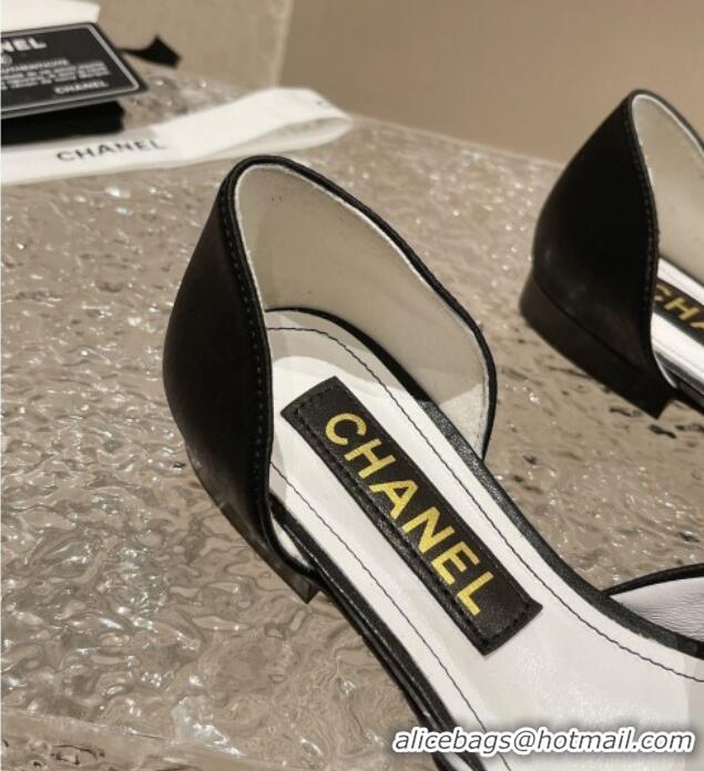 Good Quality Chanel Satin Silk Flat Open Ballerinas with Crystal CC Black 703064