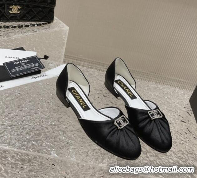 Good Quality Chanel Satin Silk Flat Open Ballerinas with Crystal CC Black 703064