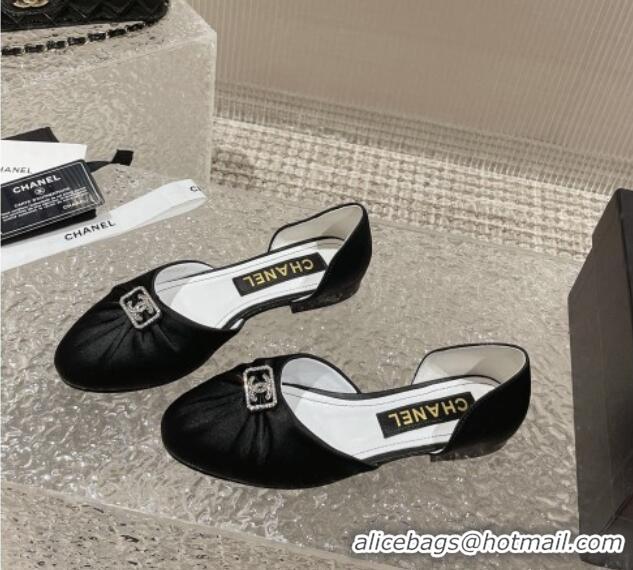 Good Quality Chanel Satin Silk Flat Open Ballerinas with Crystal CC Black 703064