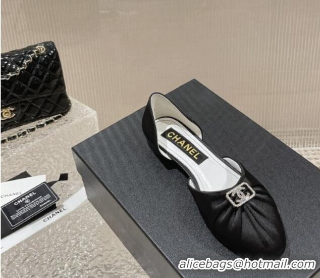 Good Quality Chanel Satin Silk Flat Open Ballerinas with Crystal CC Black 703064