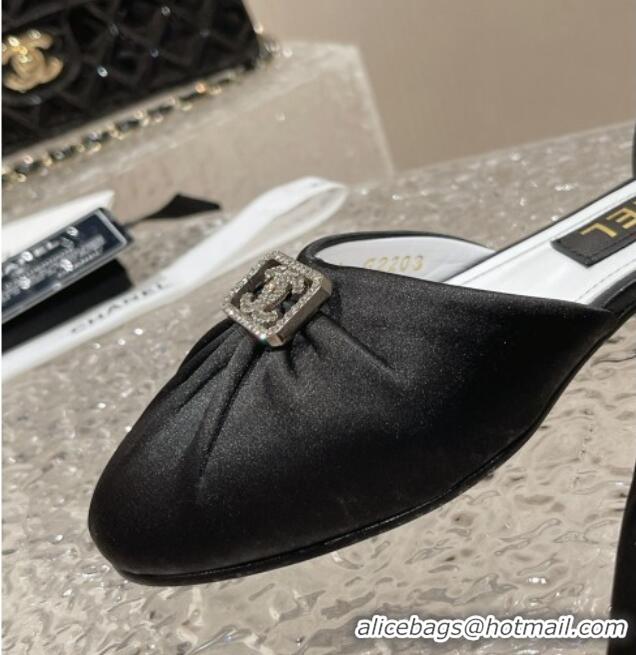 Good Quality Chanel Satin Silk Flat Open Ballerinas with Crystal CC Black 703064