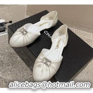 Luxury Chanel Satin Silk Flat Open Ballerinas with Crystal CC White 703065