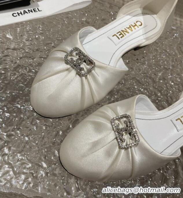 Luxury Chanel Satin Silk Flat Open Ballerinas with Crystal CC White 703065