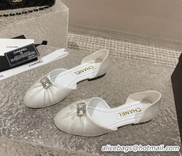 Luxury Chanel Satin Silk Flat Open Ballerinas with Crystal CC White 703065