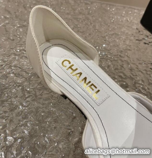 Luxury Chanel Satin Silk Flat Open Ballerinas with Crystal CC White 703065