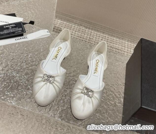 Luxury Chanel Satin Silk Flat Open Ballerinas with Crystal CC White 703065