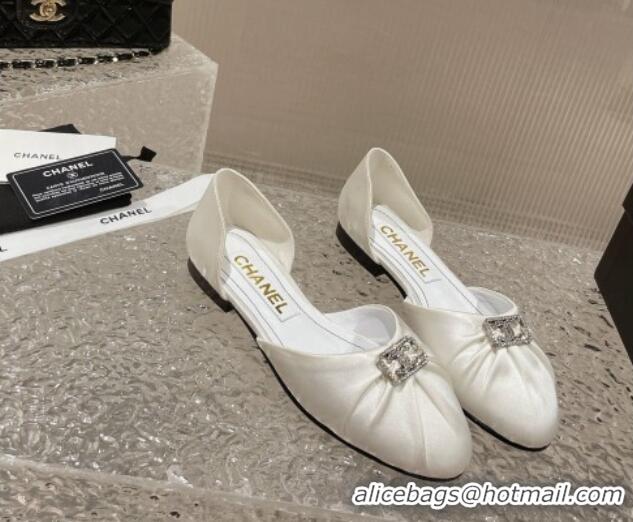 Luxury Chanel Satin Silk Flat Open Ballerinas with Crystal CC White 703065