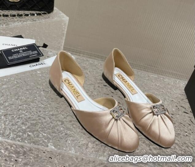 Grade Quality Chanel Satin Silk Flat Open Ballerinas with Crystal CC Beige 703066