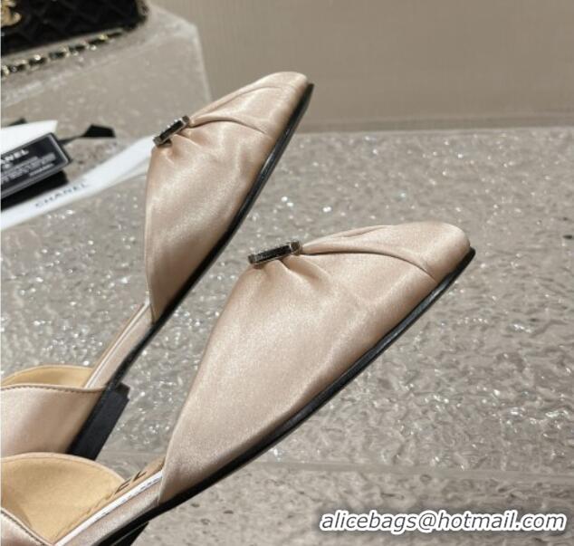 Grade Quality Chanel Satin Silk Flat Open Ballerinas with Crystal CC Beige 703066