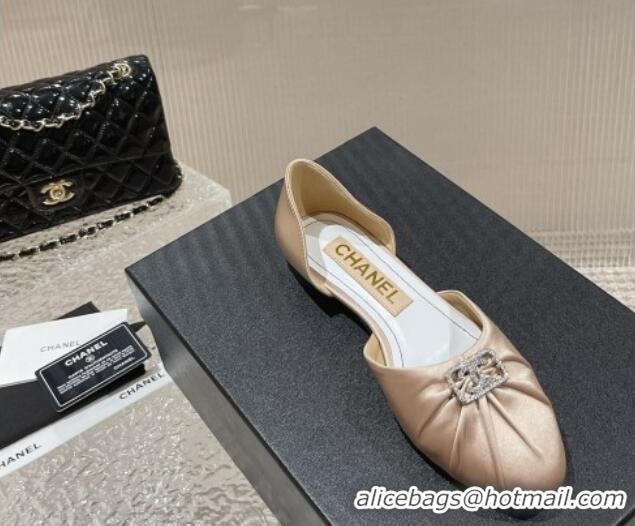 Grade Quality Chanel Satin Silk Flat Open Ballerinas with Crystal CC Beige 703066