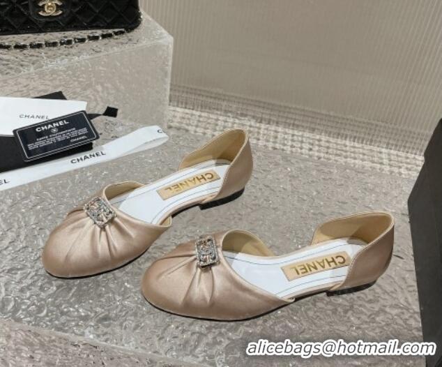 Grade Quality Chanel Satin Silk Flat Open Ballerinas with Crystal CC Beige 703066