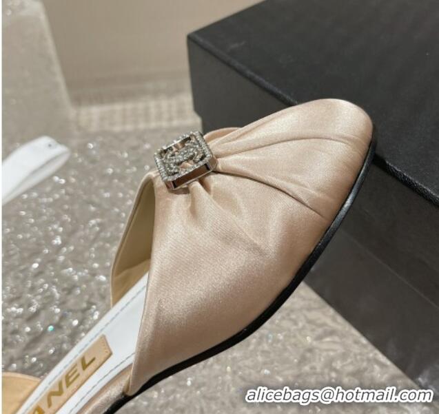 Grade Quality Chanel Satin Silk Flat Open Ballerinas with Crystal CC Beige 703066