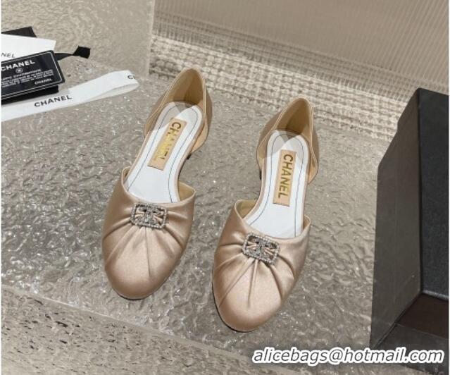 Grade Quality Chanel Satin Silk Flat Open Ballerinas with Crystal CC Beige 703066