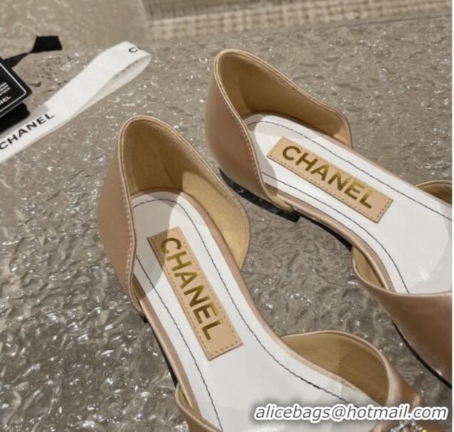 Grade Quality Chanel Satin Silk Flat Open Ballerinas with Crystal CC Beige 703066