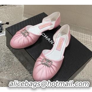 Low Price Chanel Satin Silk Flat Open Ballerinas with Crystal CC Pink 703067