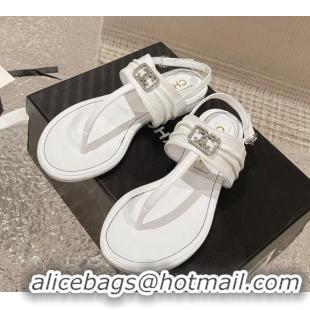 Best Grade Chanel Satin Silk Flat Slingback Thong Sandals with Crystal CC White 703068