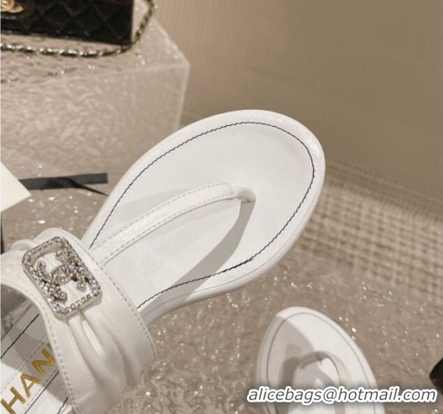 Best Grade Chanel Satin Silk Flat Slingback Thong Sandals with Crystal CC White 703068