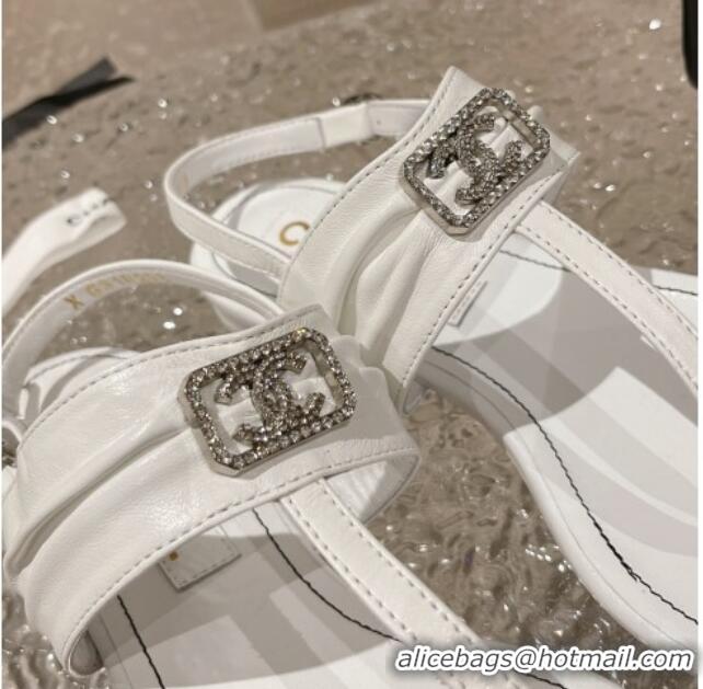 Best Grade Chanel Satin Silk Flat Slingback Thong Sandals with Crystal CC White 703068