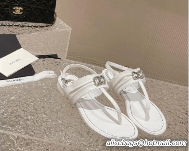 Best Grade Chanel Satin Silk Flat Slingback Thong Sandals with Crystal CC White 703068