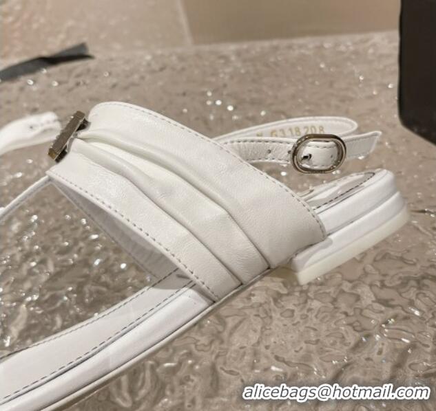 Best Grade Chanel Satin Silk Flat Slingback Thong Sandals with Crystal CC White 703068