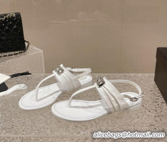 Best Grade Chanel Satin Silk Flat Slingback Thong Sandals with Crystal CC White 703068