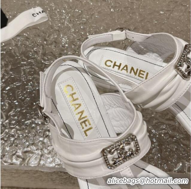 Best Grade Chanel Satin Silk Flat Slingback Thong Sandals with Crystal CC White 703068