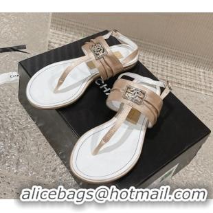 Good Quality Chanel Satin Silk Flat Slingback Thong Sandals with Crystal CC Beige 703069