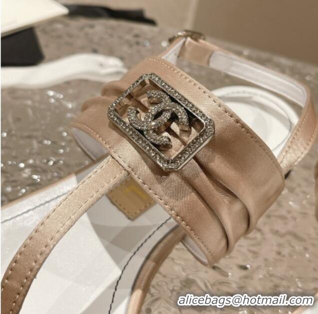 Good Quality Chanel Satin Silk Flat Slingback Thong Sandals with Crystal CC Beige 703069