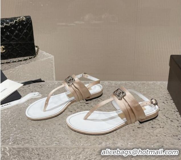 Good Quality Chanel Satin Silk Flat Slingback Thong Sandals with Crystal CC Beige 703069