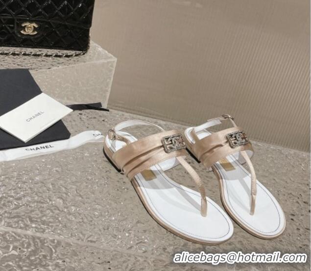 Good Quality Chanel Satin Silk Flat Slingback Thong Sandals with Crystal CC Beige 703069