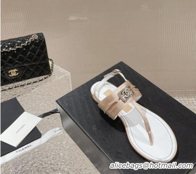 Good Quality Chanel Satin Silk Flat Slingback Thong Sandals with Crystal CC Beige 703069