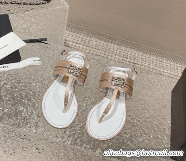 Good Quality Chanel Satin Silk Flat Slingback Thong Sandals with Crystal CC Beige 703069