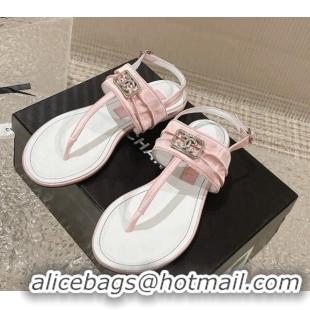 Best Product Chanel Satin Silk Flat Slingback Thong Sandals with Crystal CC Pink 703070