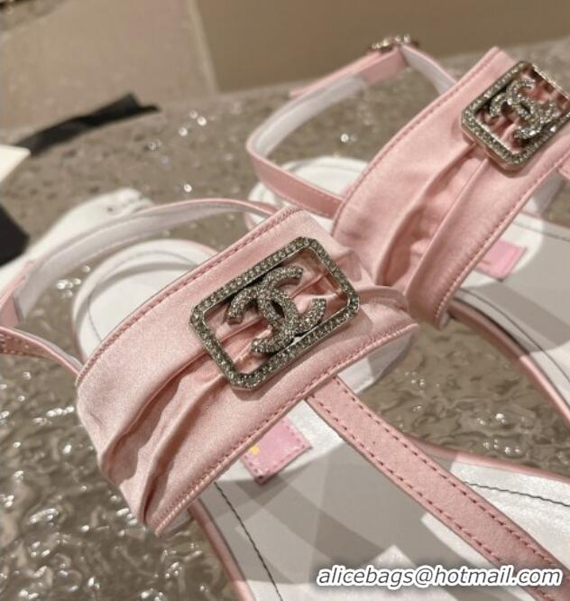 Best Product Chanel Satin Silk Flat Slingback Thong Sandals with Crystal CC Pink 703070