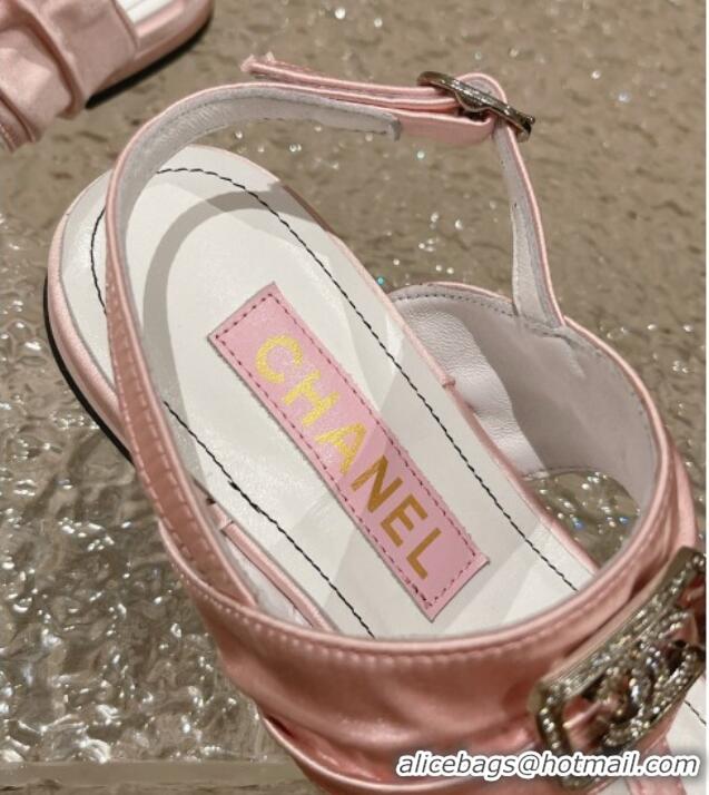 Best Product Chanel Satin Silk Flat Slingback Thong Sandals with Crystal CC Pink 703070