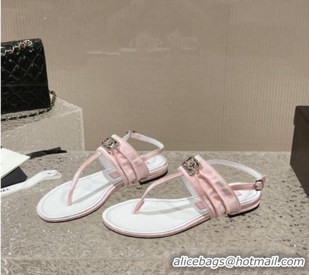 Best Product Chanel Satin Silk Flat Slingback Thong Sandals with Crystal CC Pink 703070