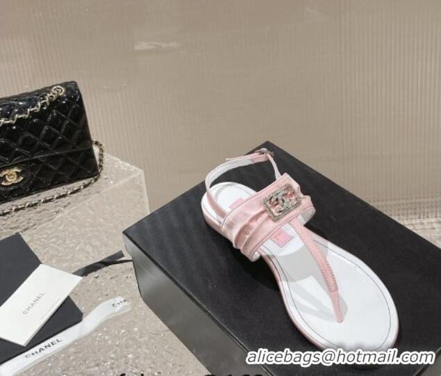 Best Product Chanel Satin Silk Flat Slingback Thong Sandals with Crystal CC Pink 703070