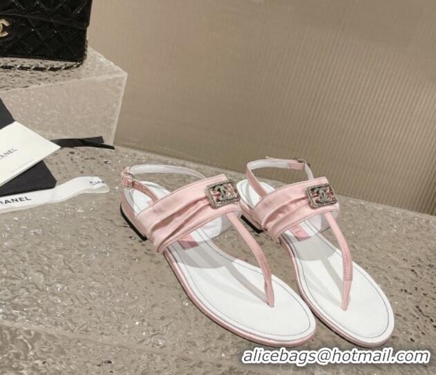 Best Product Chanel Satin Silk Flat Slingback Thong Sandals with Crystal CC Pink 703070