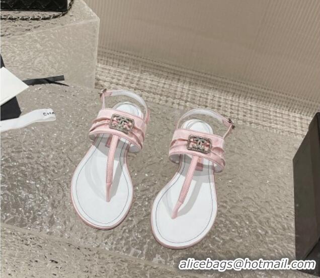 Best Product Chanel Satin Silk Flat Slingback Thong Sandals with Crystal CC Pink 703070