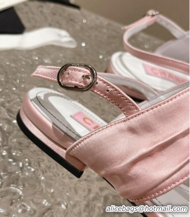 Best Product Chanel Satin Silk Flat Slingback Thong Sandals with Crystal CC Pink 703070