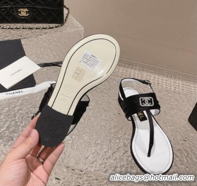 Charming Chanel Satin Silk Flat Slingback Thong Sandals with Crystal CC Black 703071