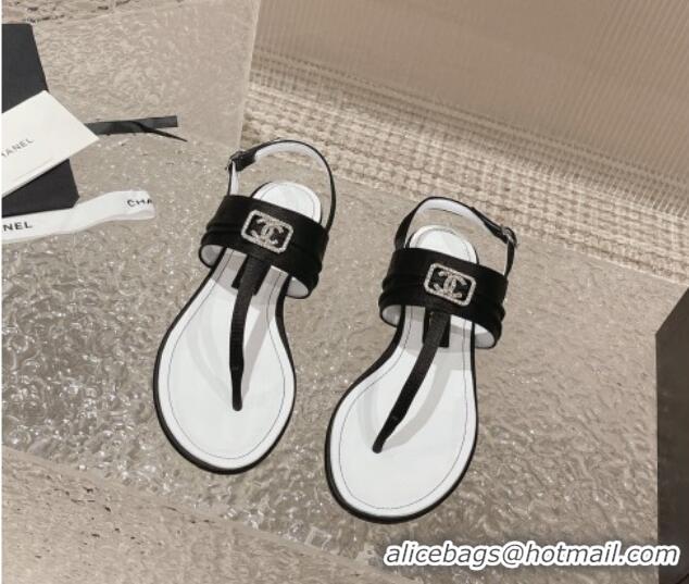 Charming Chanel Satin Silk Flat Slingback Thong Sandals with Crystal CC Black 703071