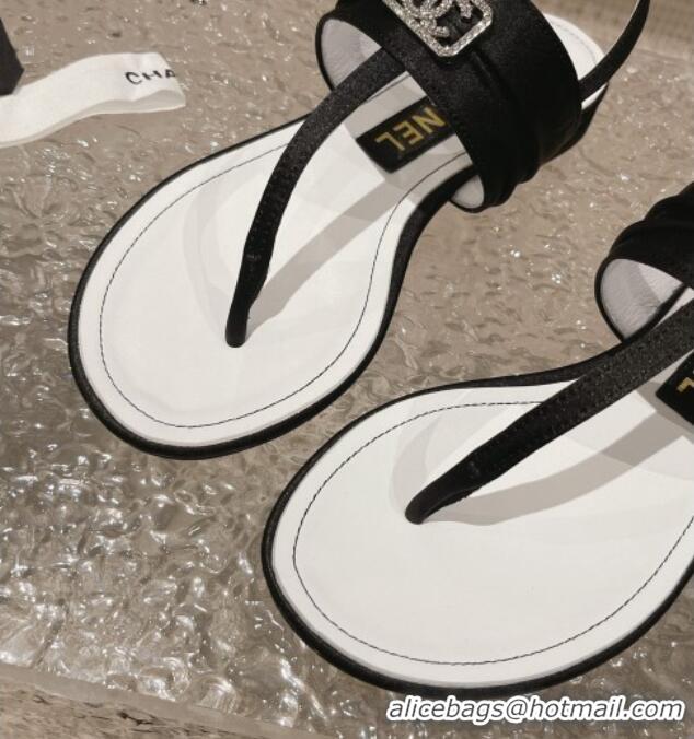 Charming Chanel Satin Silk Flat Slingback Thong Sandals with Crystal CC Black 703071