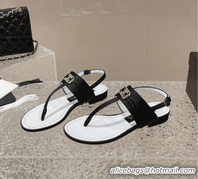 Charming Chanel Satin Silk Flat Slingback Thong Sandals with Crystal CC Black 703071