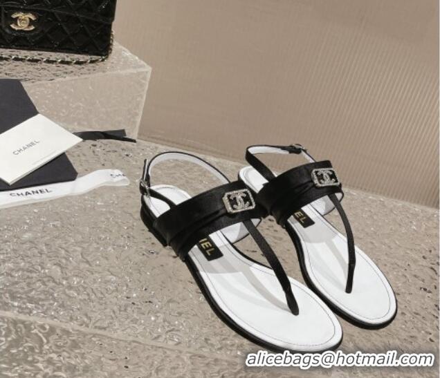 Charming Chanel Satin Silk Flat Slingback Thong Sandals with Crystal CC Black 703071