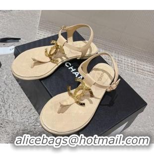 Most Popular Chanel Lambskin Flat Thong Sandals with Metal CC Apricot 703072