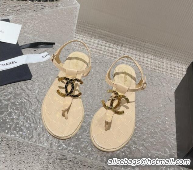 Most Popular Chanel Lambskin Flat Thong Sandals with Metal CC Apricot 703072