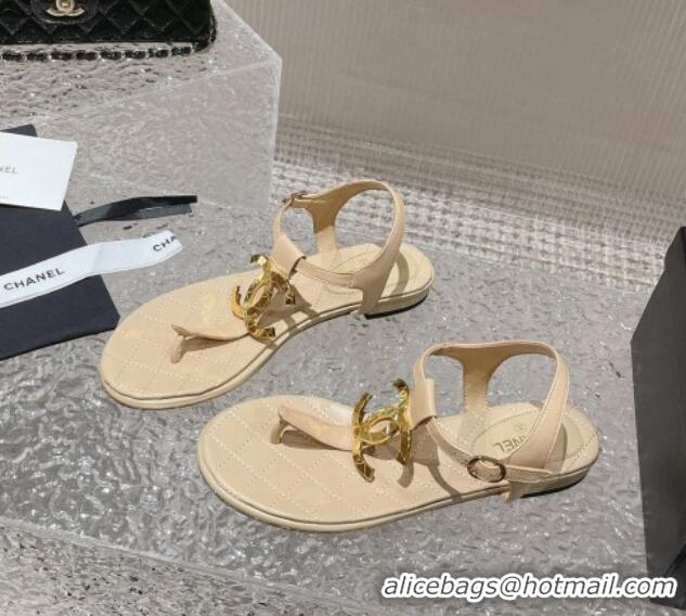 Most Popular Chanel Lambskin Flat Thong Sandals with Metal CC Apricot 703072