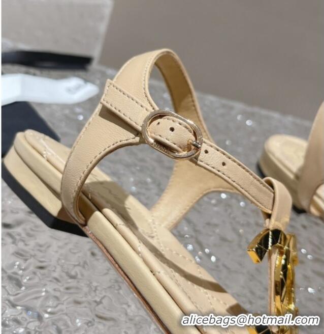 Most Popular Chanel Lambskin Flat Thong Sandals with Metal CC Apricot 703072